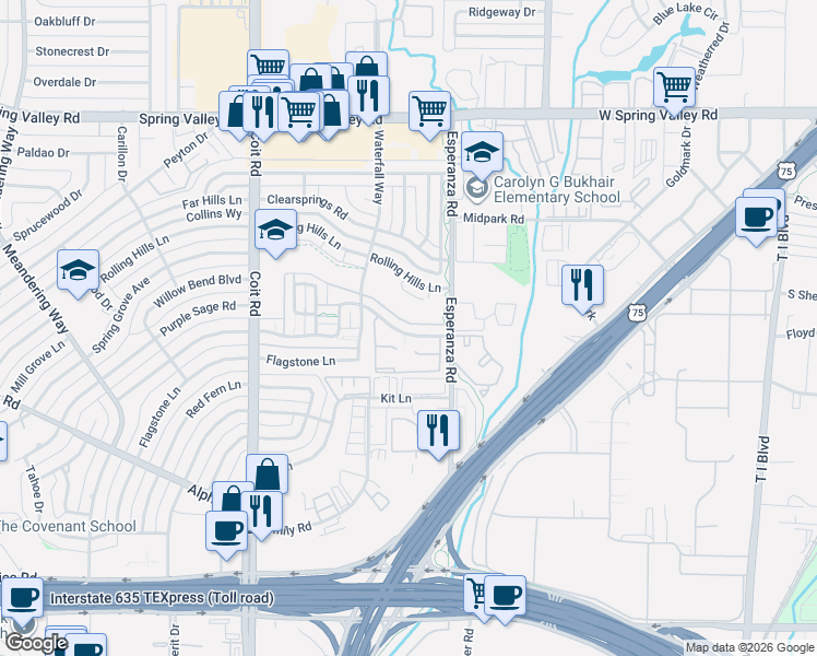 map of restaurants, bars, coffee shops, grocery stores, and more near 14018 Brookgreen Drive in Dallas