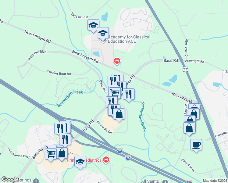 map of restaurants, bars, coffee shops, grocery stores, and more near 1676 Bass Road in Macon