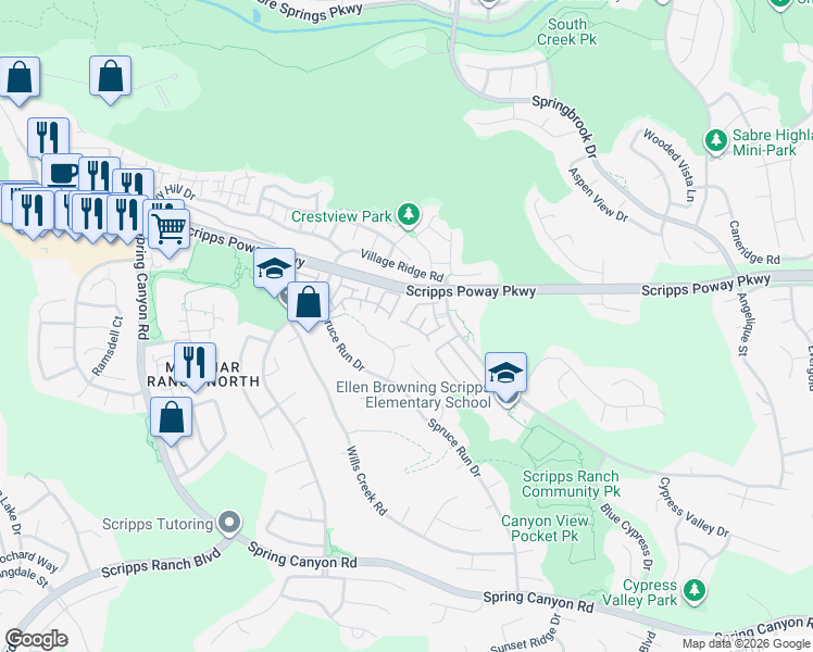 map of restaurants, bars, coffee shops, grocery stores, and more near 11920 Cypress Canyon Road in San Diego