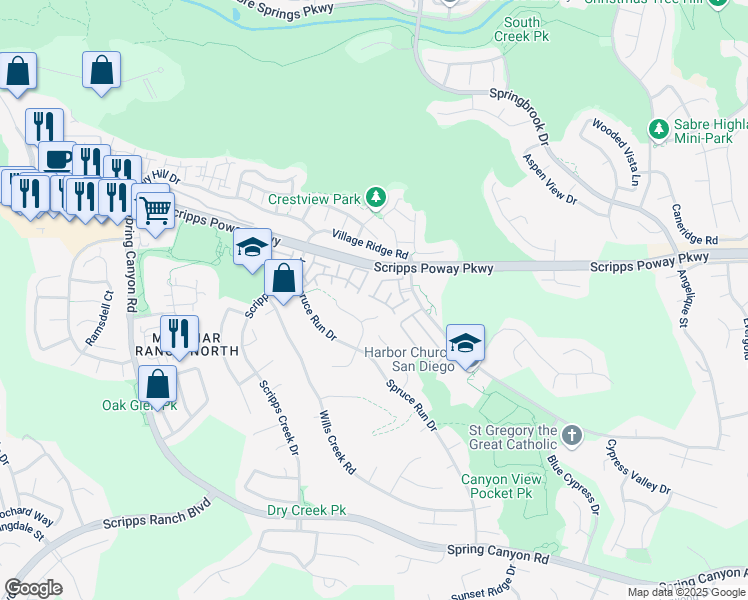 map of restaurants, bars, coffee shops, grocery stores, and more near 11922 Cypress Canyon Road in San Diego