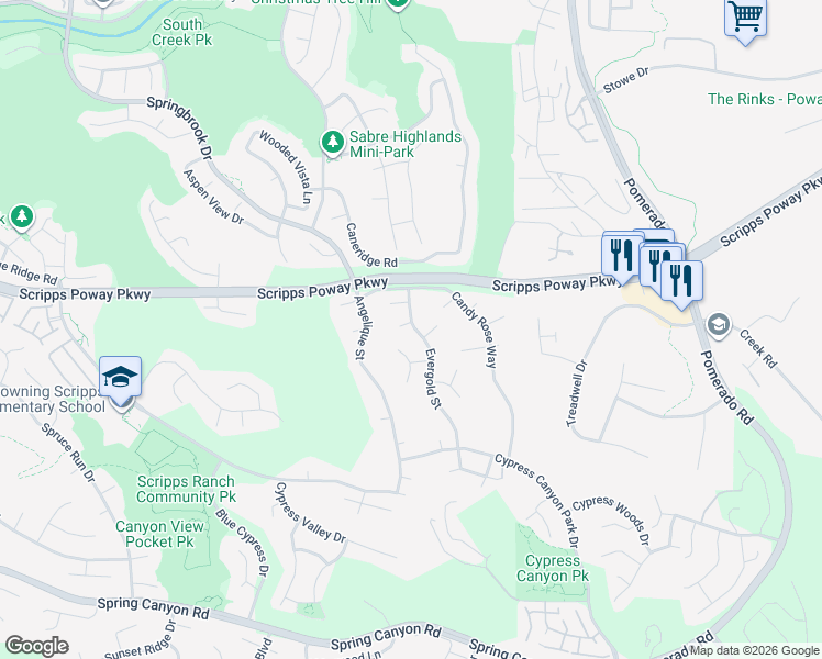 map of restaurants, bars, coffee shops, grocery stores, and more near 11782 Evergold Street in San Diego