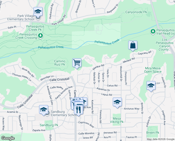 map of restaurants, bars, coffee shops, grocery stores, and more near 11805 Innis Point in San Diego
