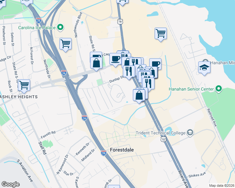 map of restaurants, bars, coffee shops, grocery stores, and more near 2181 Dunlap Street in North Charleston