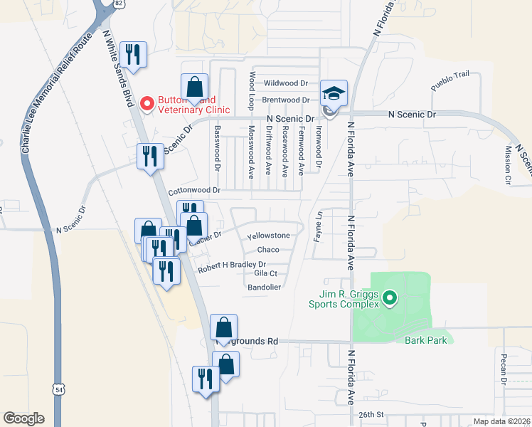 map of restaurants, bars, coffee shops, grocery stores, and more near 3411 Shenandoah Place in Alamogordo