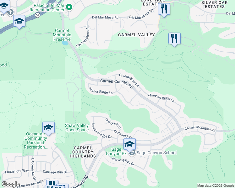 map of restaurants, bars, coffee shops, grocery stores, and more near 10992 Cloverhurst Way in San Diego