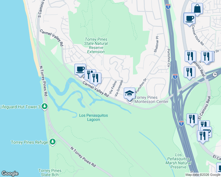 map of restaurants, bars, coffee shops, grocery stores, and more near 12740 Via Felino in Del Mar