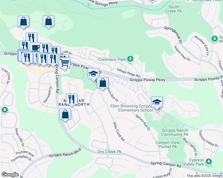 map of restaurants, bars, coffee shops, grocery stores, and more near 11749 Spruce Run Drive in San Diego