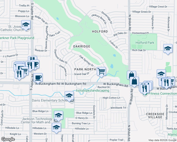 map of restaurants, bars, coffee shops, grocery stores, and more near 2807 Winding Oak Trail in Garland