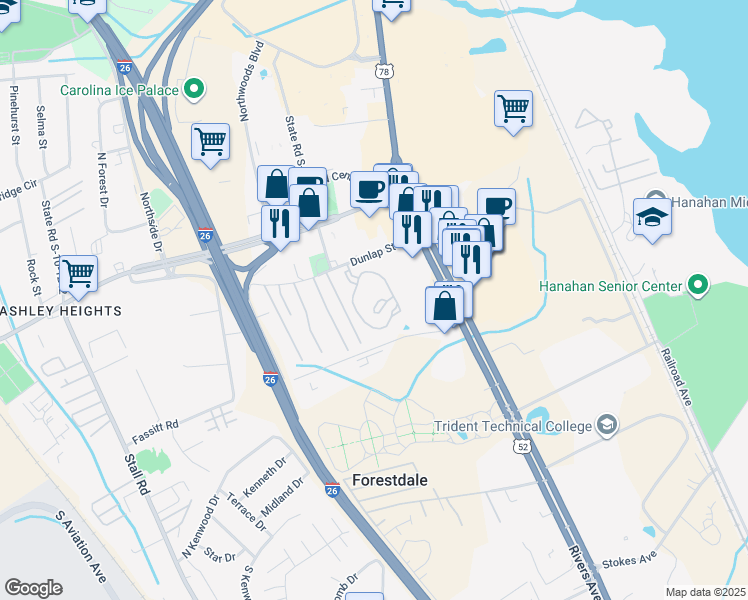 map of restaurants, bars, coffee shops, grocery stores, and more near 2200 Dunlap Street in Charleston