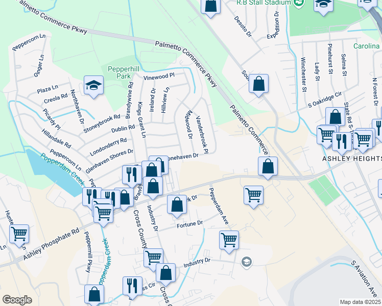 map of restaurants, bars, coffee shops, grocery stores, and more near 3235 Stonehaven Drive in North Charleston