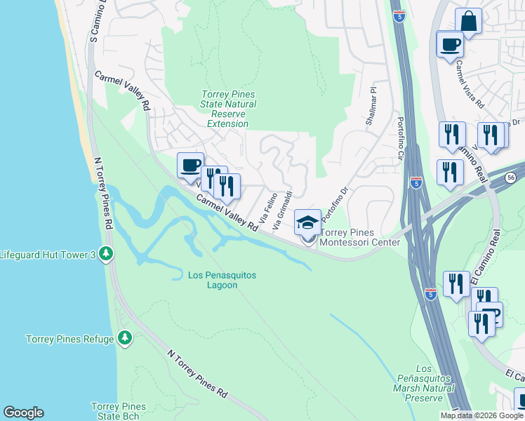 map of restaurants, bars, coffee shops, grocery stores, and more near 12740 Via Felino in Del Mar