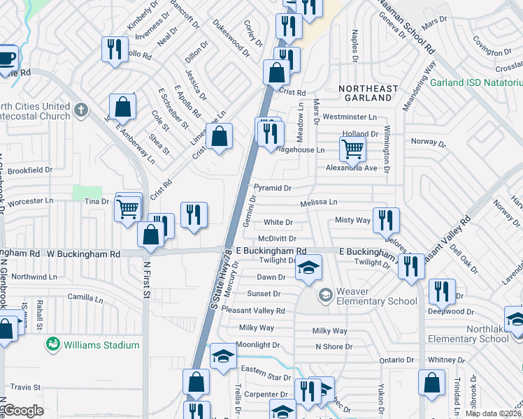 map of restaurants, bars, coffee shops, grocery stores, and more near 601 White Drive in Garland