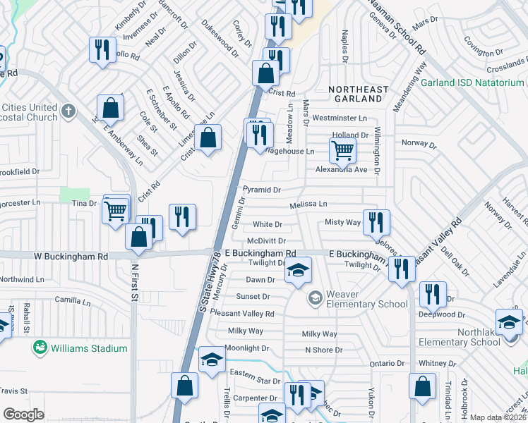 map of restaurants, bars, coffee shops, grocery stores, and more near 710 Melissa Lane in Garland