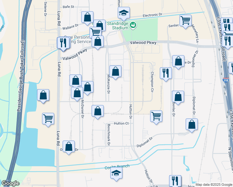 map of restaurants, bars, coffee shops, grocery stores, and more near 2051 McKenzie Drive in Carrollton