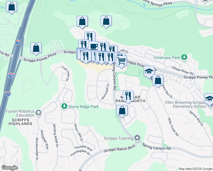 map of restaurants, bars, coffee shops, grocery stores, and more near 11775 Ramsdell Court in San Diego