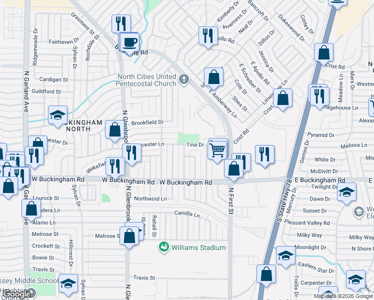 map of restaurants, bars, coffee shops, grocery stores, and more near 2034 Edna Smith Drive in Garland
