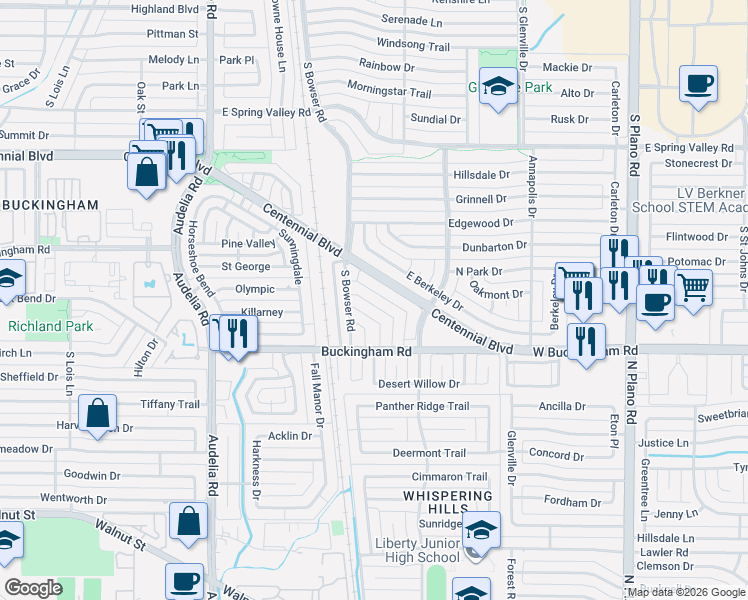 map of restaurants, bars, coffee shops, grocery stores, and more near 811 Napier Drive in Richardson