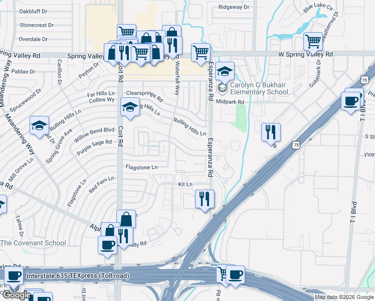 map of restaurants, bars, coffee shops, grocery stores, and more near 14018 Brookgreen Drive in Dallas