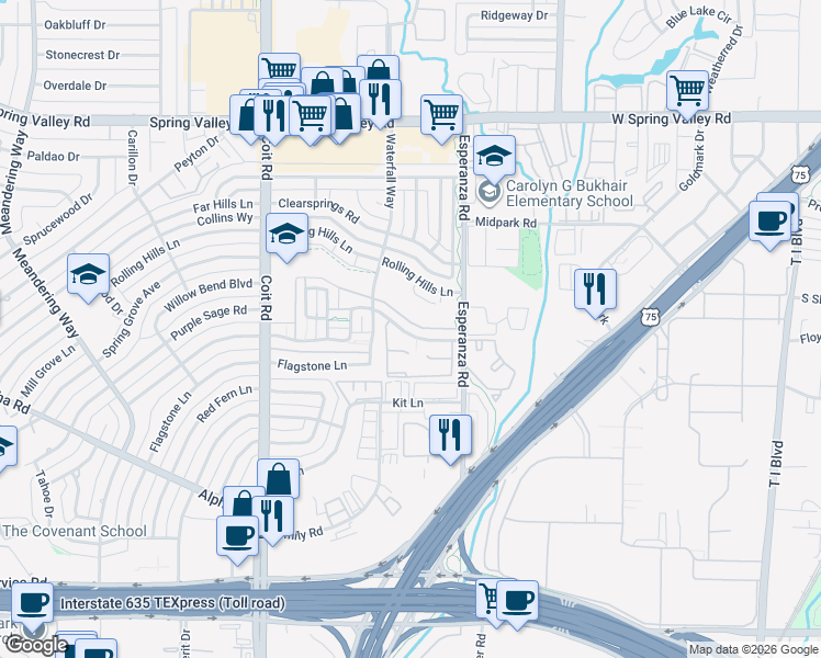 map of restaurants, bars, coffee shops, grocery stores, and more near 14018 Brookgreen Drive in Dallas