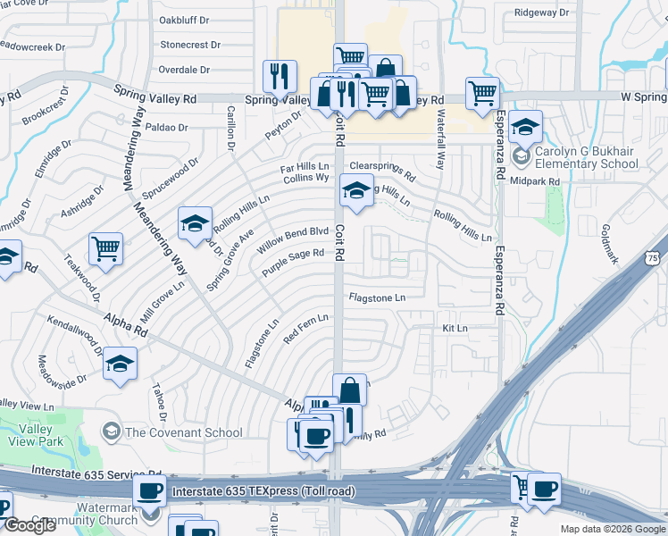 map of restaurants, bars, coffee shops, grocery stores, and more near in Dallas