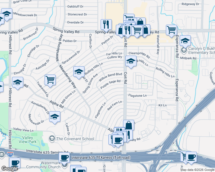 map of restaurants, bars, coffee shops, grocery stores, and more near 13530 Brookgreen Drive in Dallas