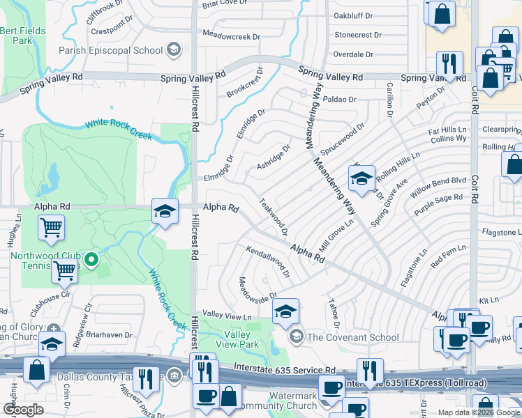map of restaurants, bars, coffee shops, grocery stores, and more near 13518 Peyton Drive in Dallas