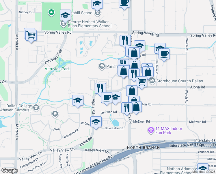 map of restaurants, bars, coffee shops, grocery stores, and more near 4106 Alpha Road in Farmers Branch