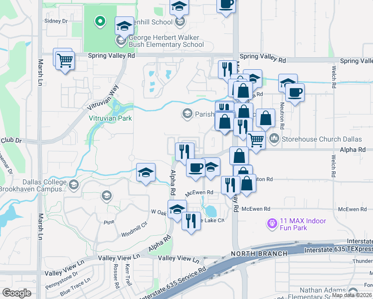 map of restaurants, bars, coffee shops, grocery stores, and more near 4041 Alpha Road in Farmers Branch