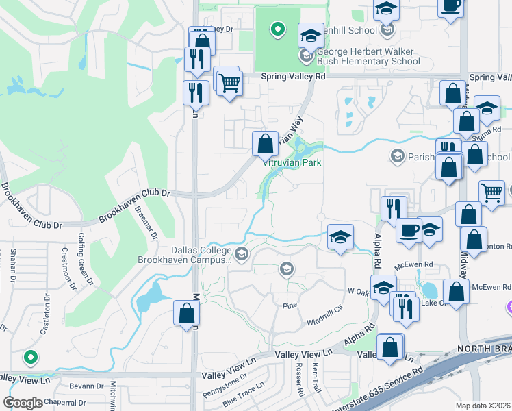 map of restaurants, bars, coffee shops, grocery stores, and more near 3720 Wooded Creek Drive in Farmers Branch