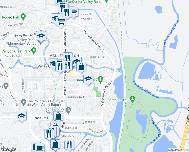 map of restaurants, bars, coffee shops, grocery stores, and more near 147 Cimarron Trail in Irving