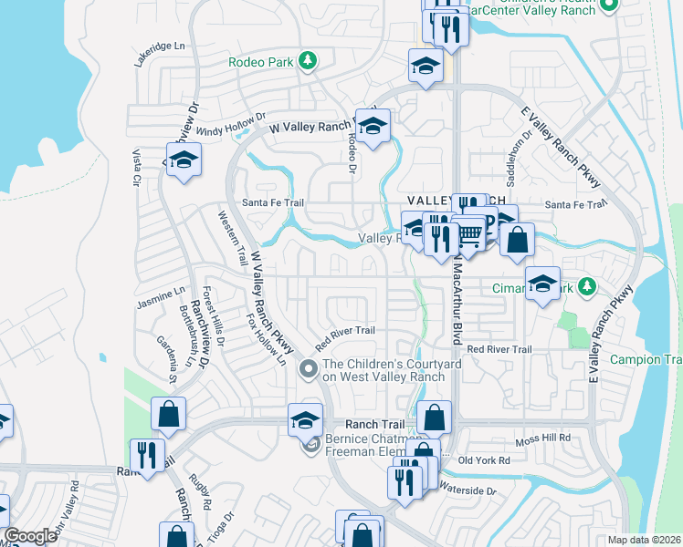 map of restaurants, bars, coffee shops, grocery stores, and more near 713 Sundance Trail in Irving
