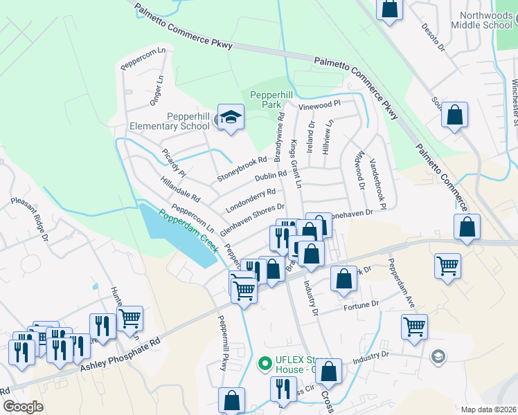map of restaurants, bars, coffee shops, grocery stores, and more near 3331 Glenhaven Shores Drive in North Charleston