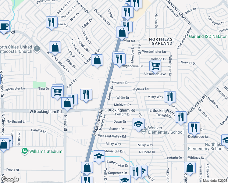 map of restaurants, bars, coffee shops, grocery stores, and more near 614 Melissa Lane in Garland