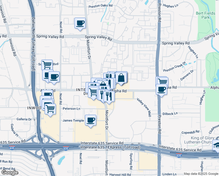 map of restaurants, bars, coffee shops, grocery stores, and more near 5609 Alpha Road in Dallas