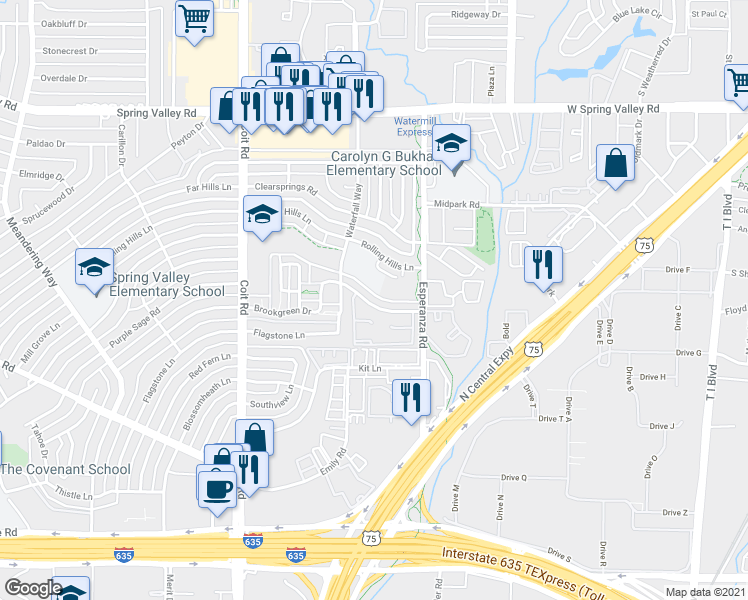 map of restaurants, bars, coffee shops, grocery stores, and more near 13937 Brookgreen Drive in Dallas