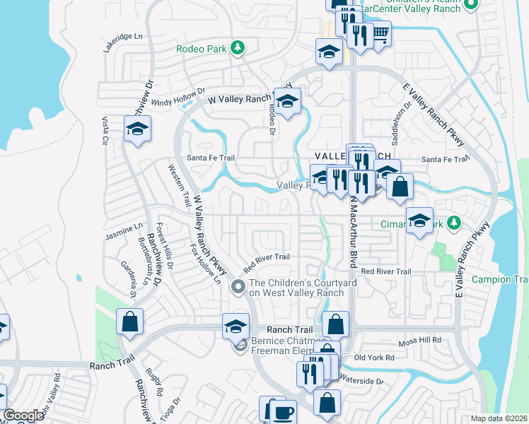 map of restaurants, bars, coffee shops, grocery stores, and more near 713 Sundance Trail in Irving