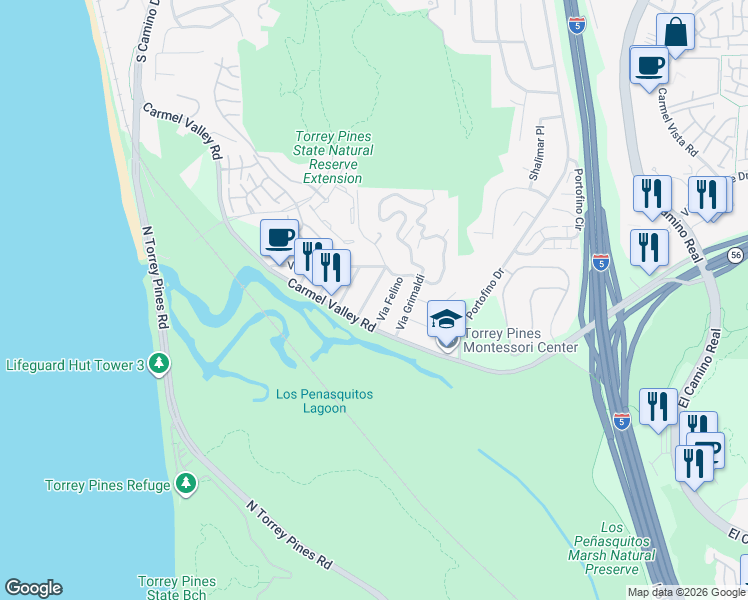 map of restaurants, bars, coffee shops, grocery stores, and more near 12753 Via Esperia in Del Mar