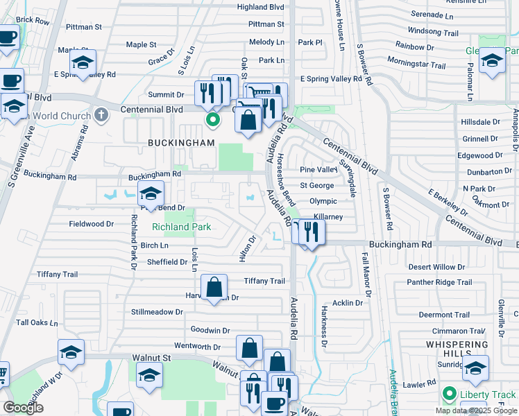 map of restaurants, bars, coffee shops, grocery stores, and more near 540 Buckingham Road in Richardson