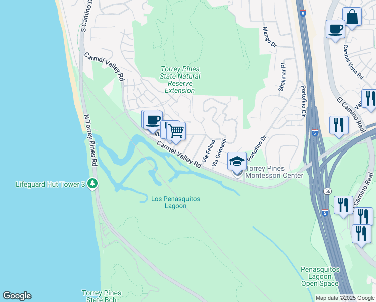 map of restaurants, bars, coffee shops, grocery stores, and more near 12715 Via Donada in Del Mar