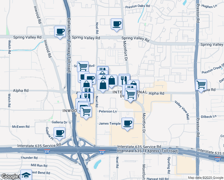 map of restaurants, bars, coffee shops, grocery stores, and more near 5344 Alpha Road in Dallas