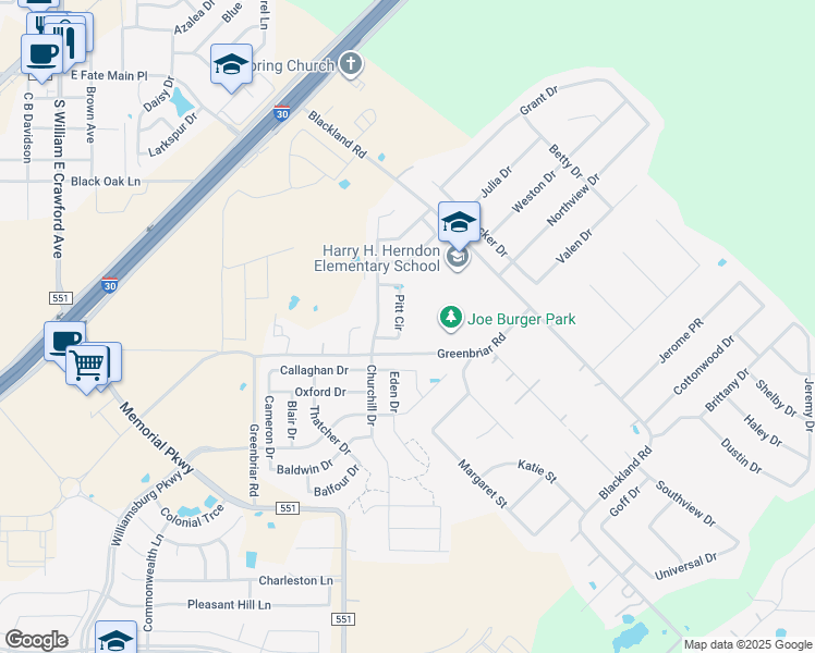 map of restaurants, bars, coffee shops, grocery stores, and more near 229 Pitt Circle in Fate