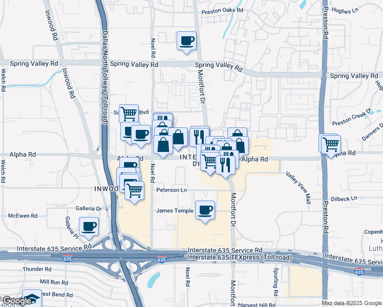 map of restaurants, bars, coffee shops, grocery stores, and more near 5422 Alpha Road in Dallas