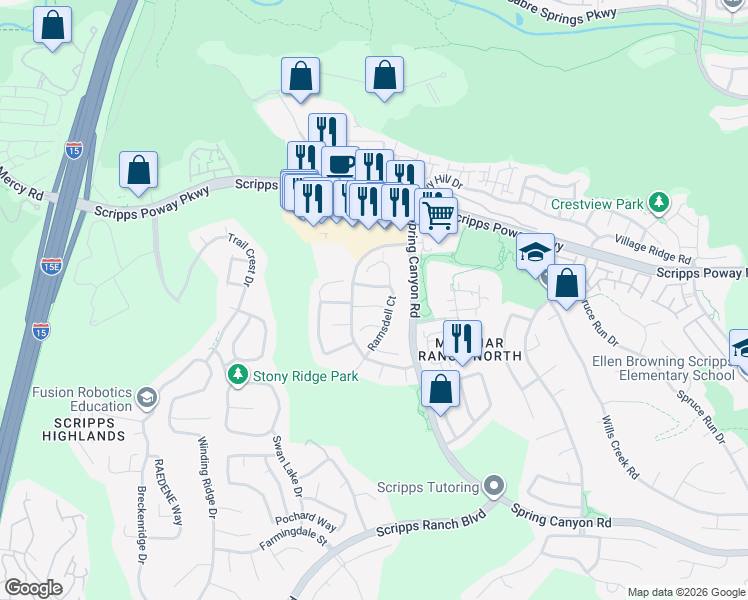 map of restaurants, bars, coffee shops, grocery stores, and more near 10674 Eglantine Court in San Diego