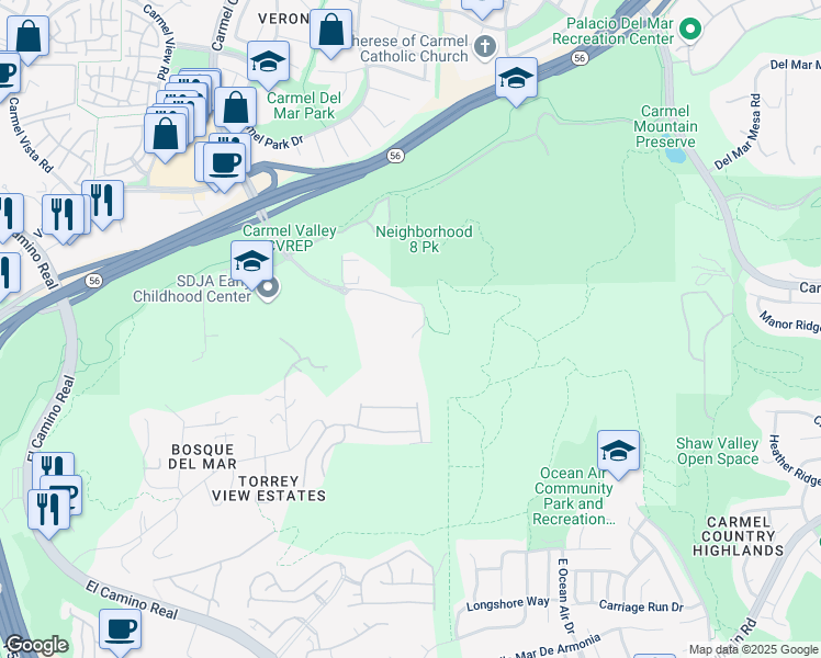 map of restaurants, bars, coffee shops, grocery stores, and more near 11718 Carmel Creek Road in San Diego
