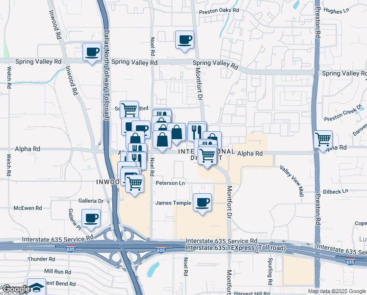 map of restaurants, bars, coffee shops, grocery stores, and more near 5344 Alpha Road in Dallas