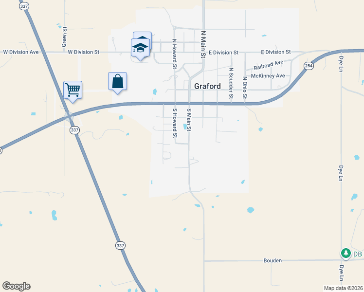 map of restaurants, bars, coffee shops, grocery stores, and more near 305 South Main Street in Graford