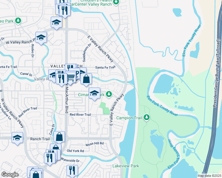 map of restaurants, bars, coffee shops, grocery stores, and more near 101 Cimarron Trail in Irving