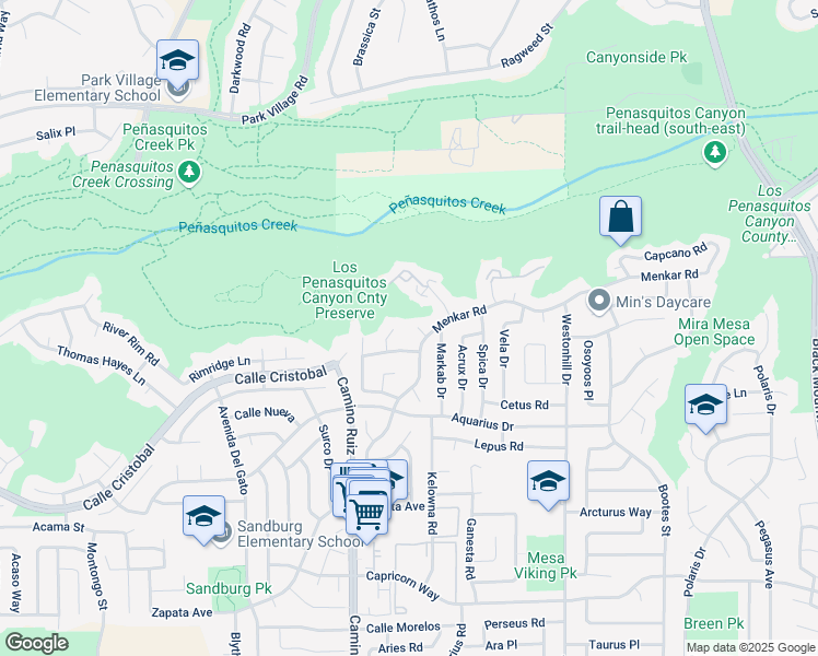 map of restaurants, bars, coffee shops, grocery stores, and more near 11820 Elkins Cove in San Diego