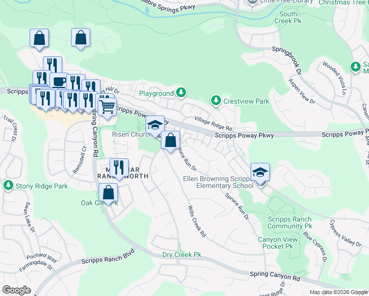map of restaurants, bars, coffee shops, grocery stores, and more near 11749 Spruce Run Drive in San Diego