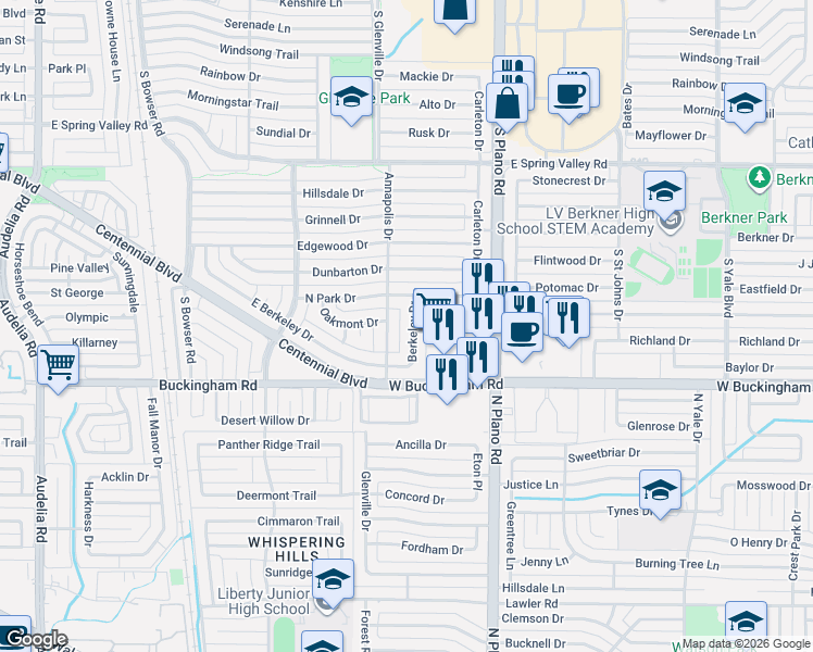 map of restaurants, bars, coffee shops, grocery stores, and more near 1216 Berkeley Drive in Richardson
